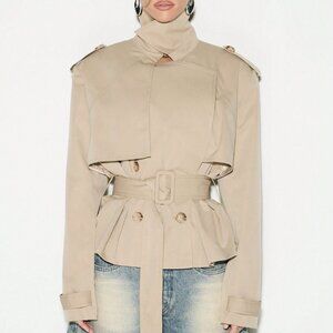 Khaki Casual Women's Double Breasted Cropped Trench Coat